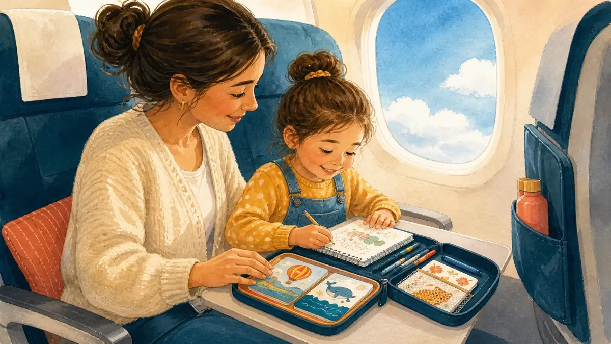 Pai e filha fazendo atividades de papel na mesinha de um avião durante o voo