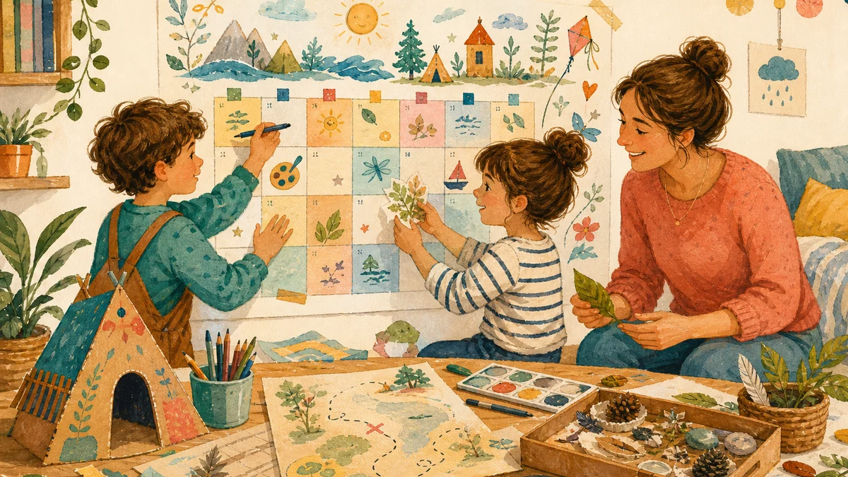 Crianças montando um mural de férias com desenhos, mapa e materiais coloridos