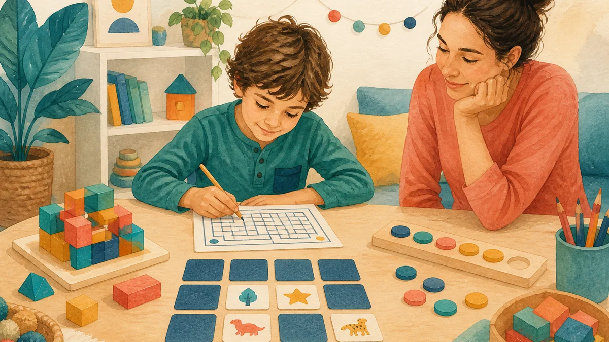 Criança concentrada completando um labirinto e um jogo de sequência com a família