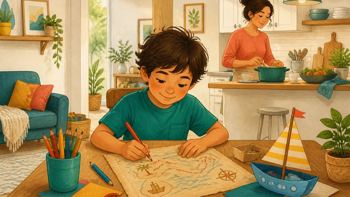 Criança desenhando um mapa enquanto a mãe prepara o jantar