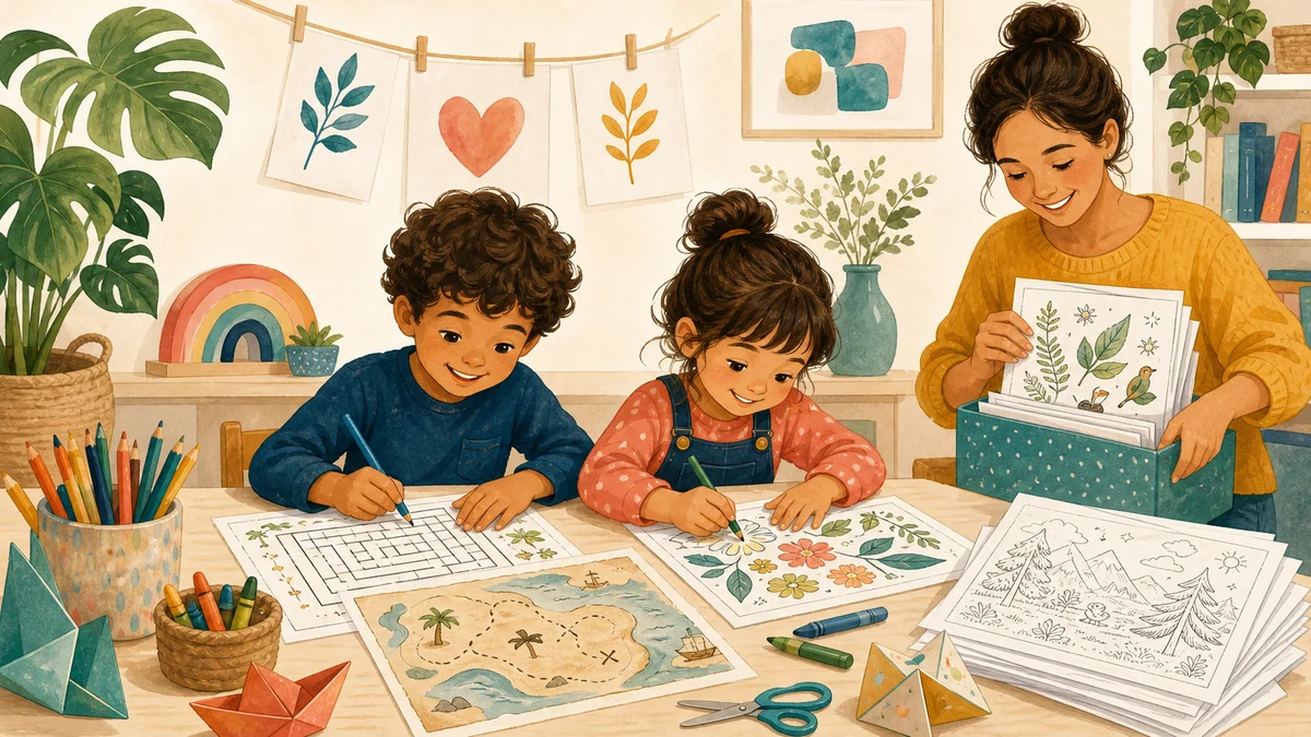 Duas crianças colorindo mapas, labirintos e desenhos impressos