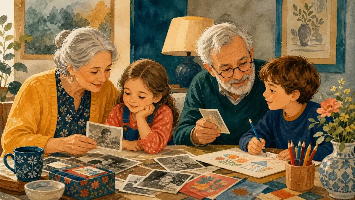Avó e avô brincando com dois netos numa mesa com cartas, desenhos e fotografias