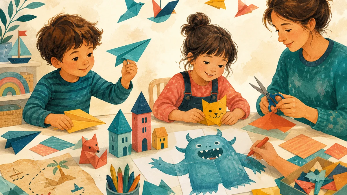 Crianças criando aviões, animais e mapas com folhas de papel coloridas