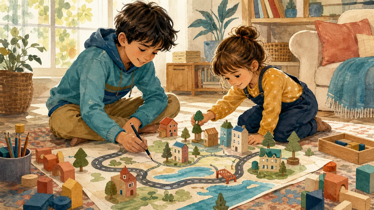 Irmãos de idades diferentes construindo juntos uma cidade de papel e blocos