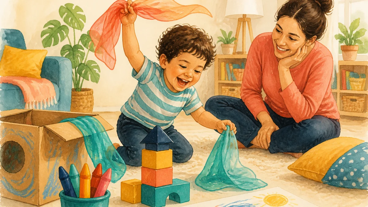 Criança de três anos brincando com blocos, tecidos e desenhos ao lado da mãe