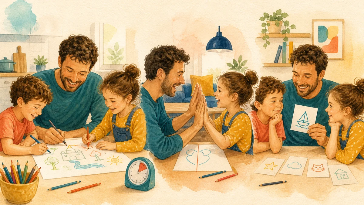 Pai e crianças fazendo uma brincadeira rápida de desenho e mímica na mesa