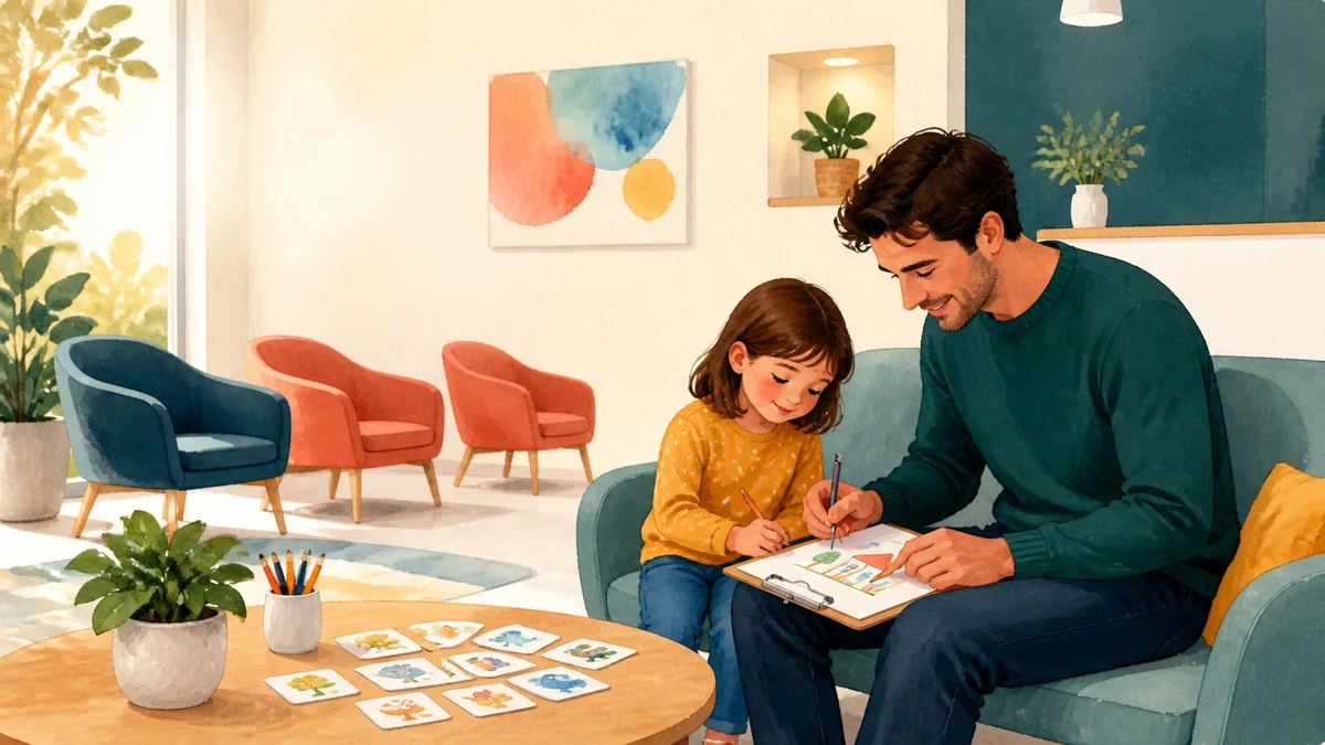 Mãe e criança brincando com cartões e desenhos em uma sala de espera tranquila