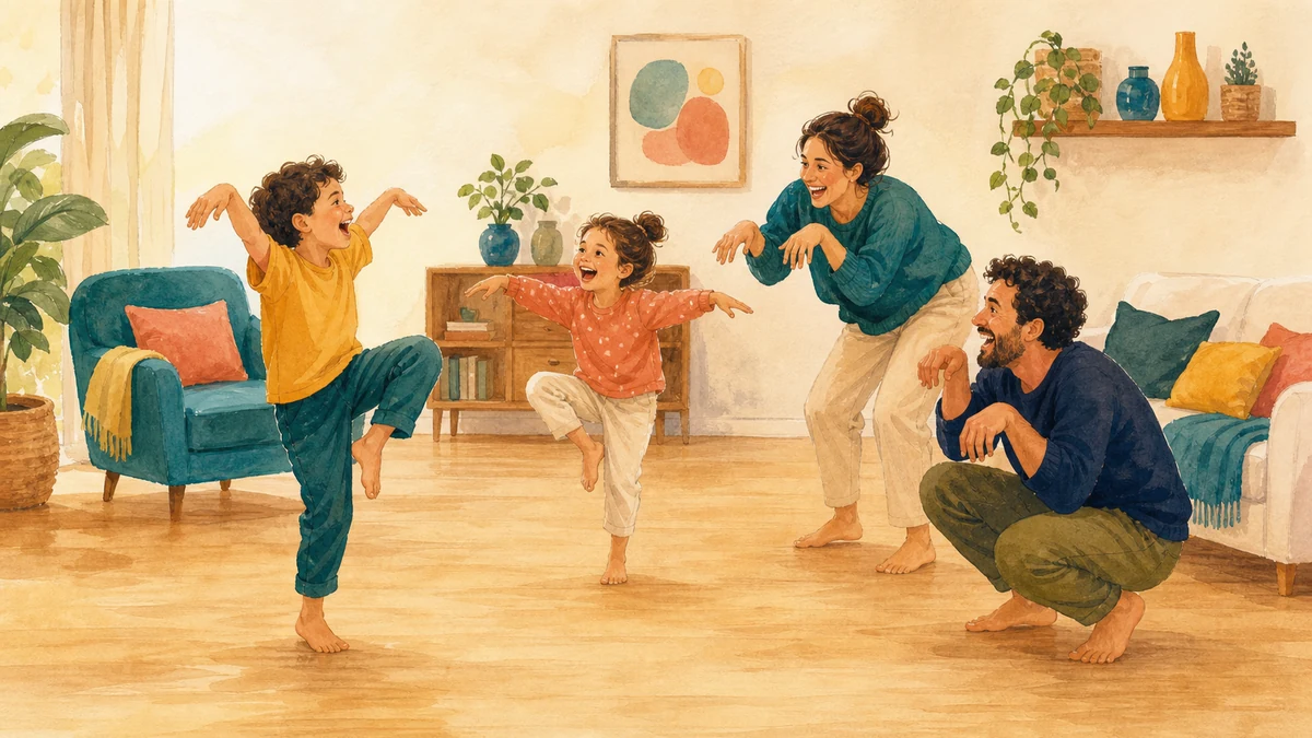 Família brincando de mímica e imaginação na sala sem usar brinquedos ou telas