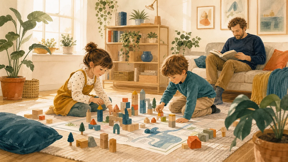 Crianças brincando calmamente no chão de um apartamento com desenhos e blocos