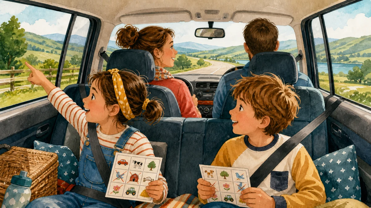 Família viajando de carro enquanto as crianças observam a paisagem e brincam sem celular