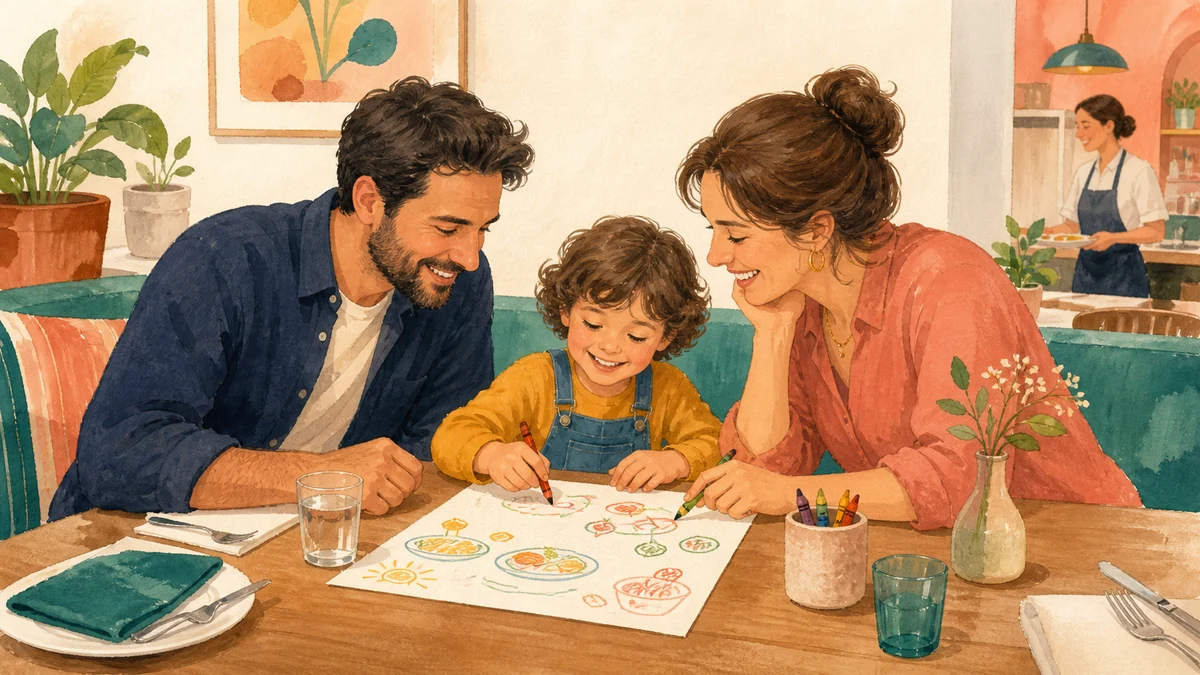 Família em uma mesa de restaurante brincando com papel e lápis enquanto espera a refeição