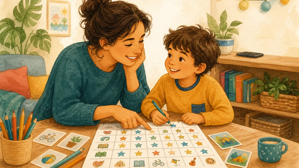Mãe e filho planejando juntos atividades para reduzir o tempo de tela