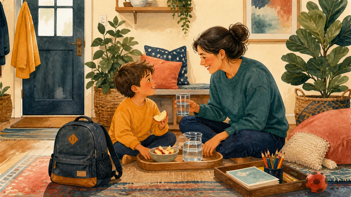 Mãe recebendo o filho depois da escola com lanche e materiais de desenho numa mesa